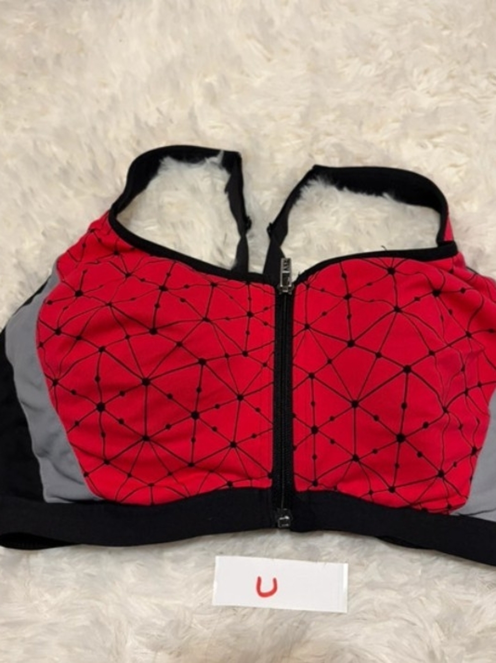 Sporto Red and Black Front-Zip Geometric Sports Bra SZ 36 DD By Victoria's Secre